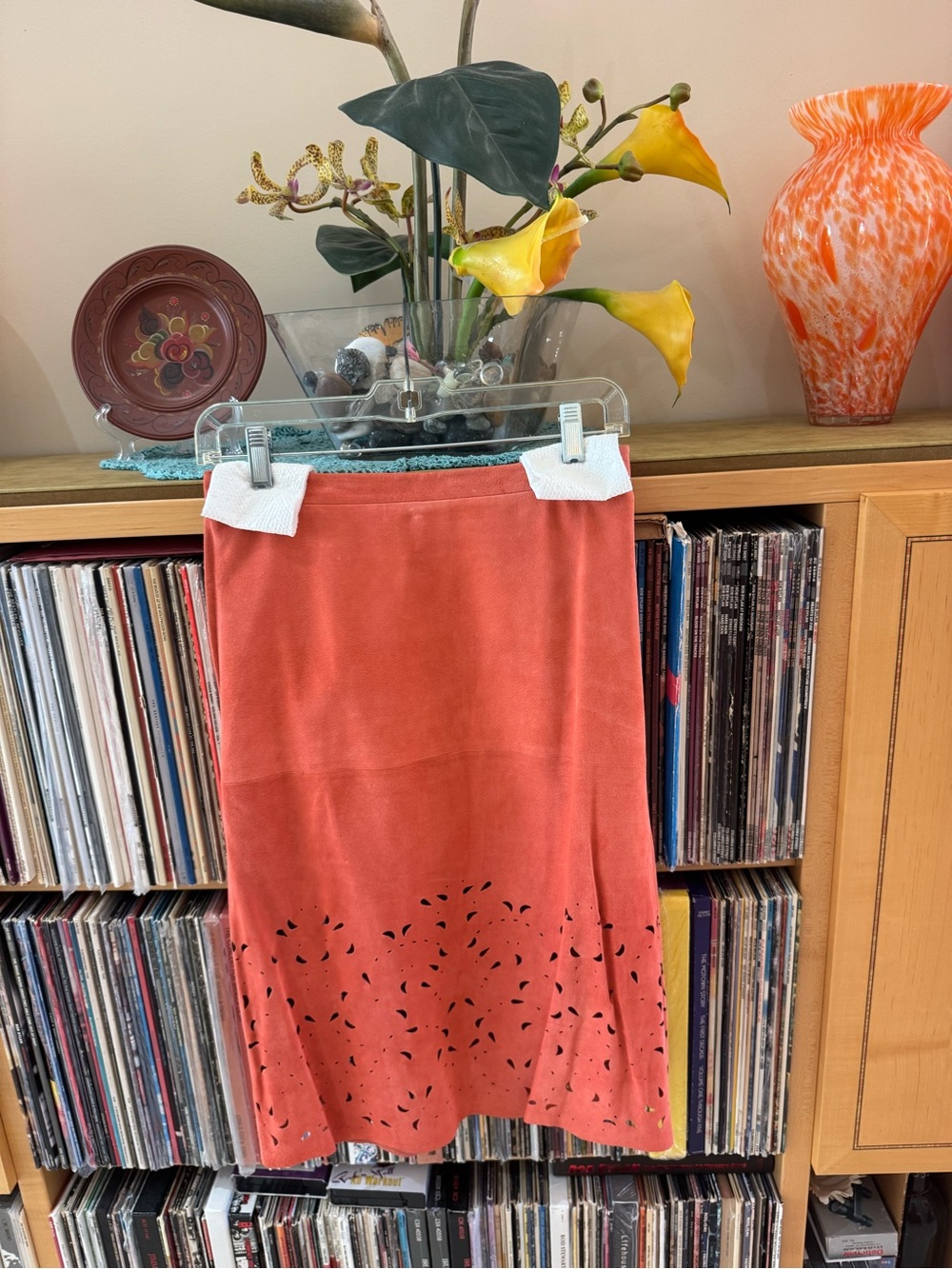 PRICE DROP. NW/OT, BCBGMaxAzria Coral Laser-Cut, lined LAMBSKIN SUEDE Skirt, 4